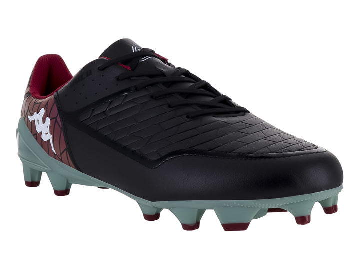 Zapato de fútbol Kappa color negro con suela verde Lodenfrost y detalles en morado.