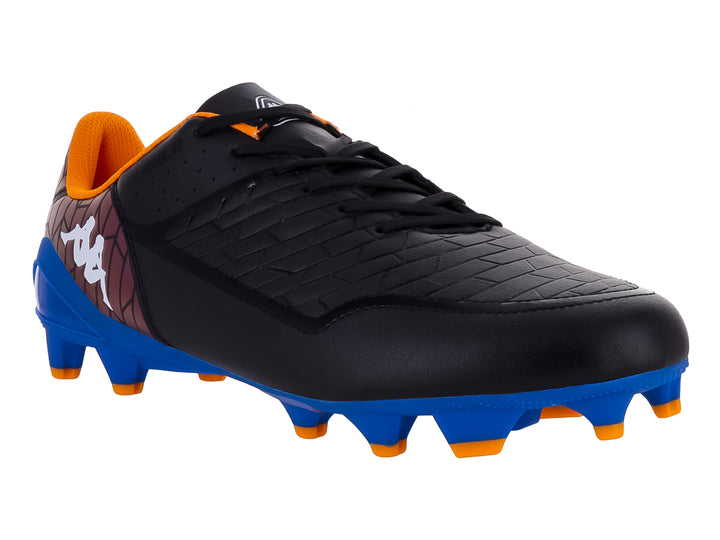 Botas de fútbol Kappa color negro y azul royal con tacos naranjas y detalles en morado.