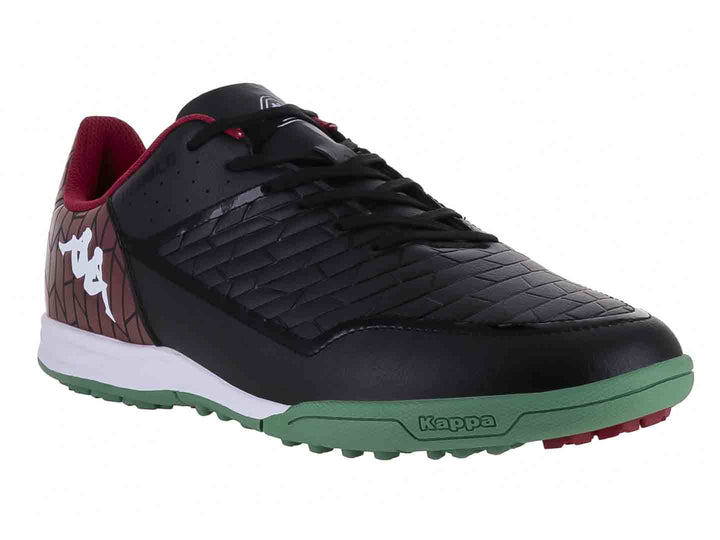 Zapato de fútbol Kappa en color negro con degradado morado en el talón y suela verde y blanca.
