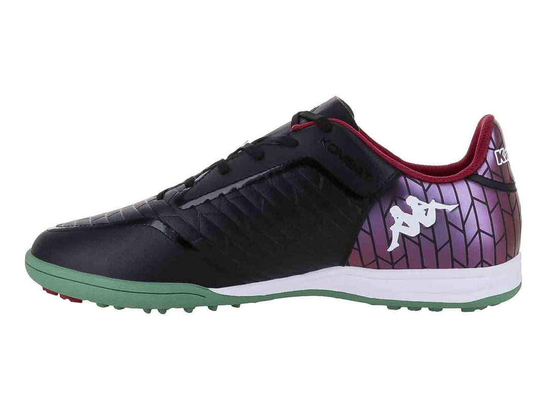Zapato de fútbol Kappa en color negro con degradado morado en el talón y suela verde y blanca.
