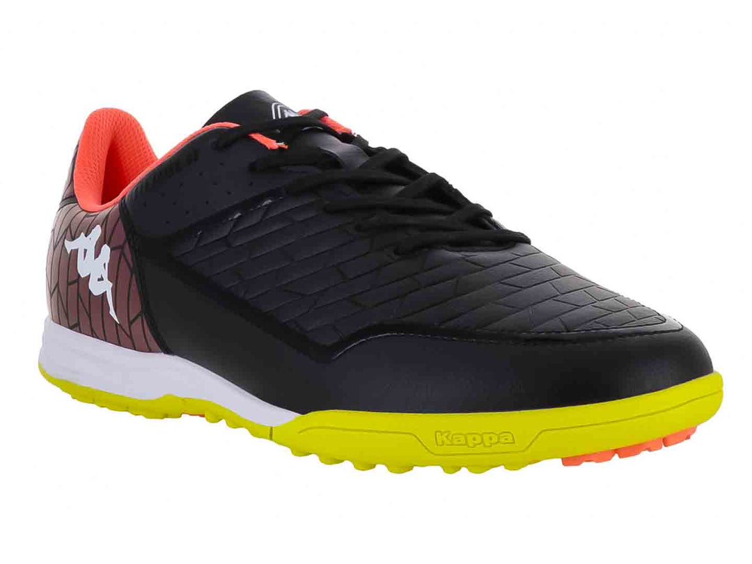 Zapato de fútbol Kappa color negro con detalles en verde neón y morado, suela blanca y verde para pasto sintético.