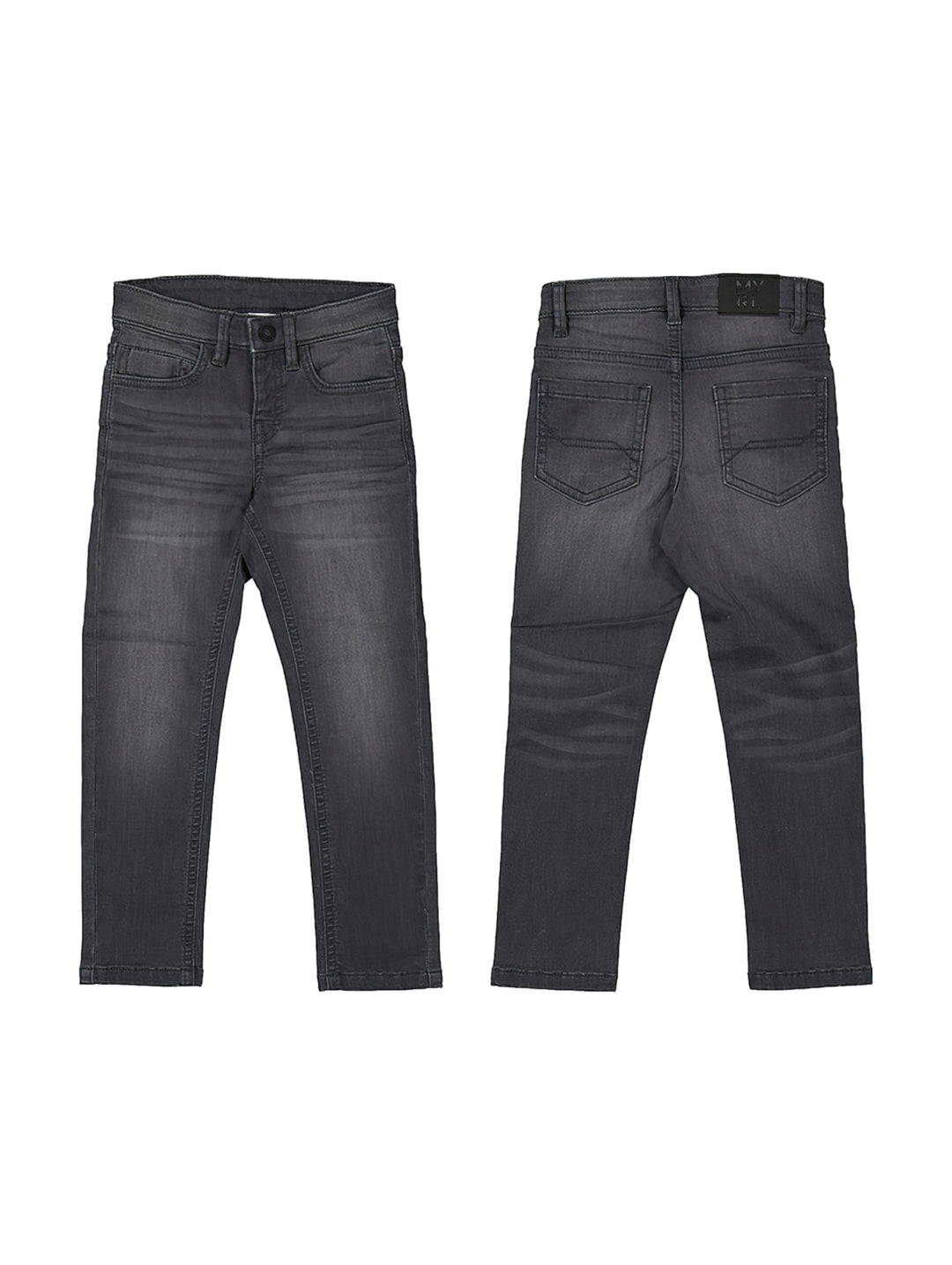 Pantalones de mezclilla color gris oscuro para Niño, vista frontal y posterior.