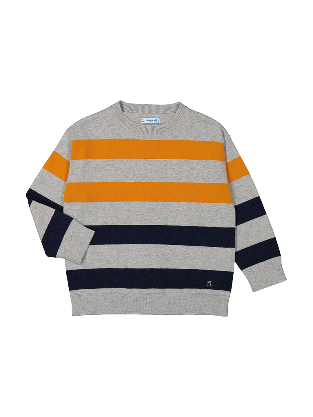 Jersey infantil de manga larga con rayas horizontales en colores gris, naranja y azul marino.