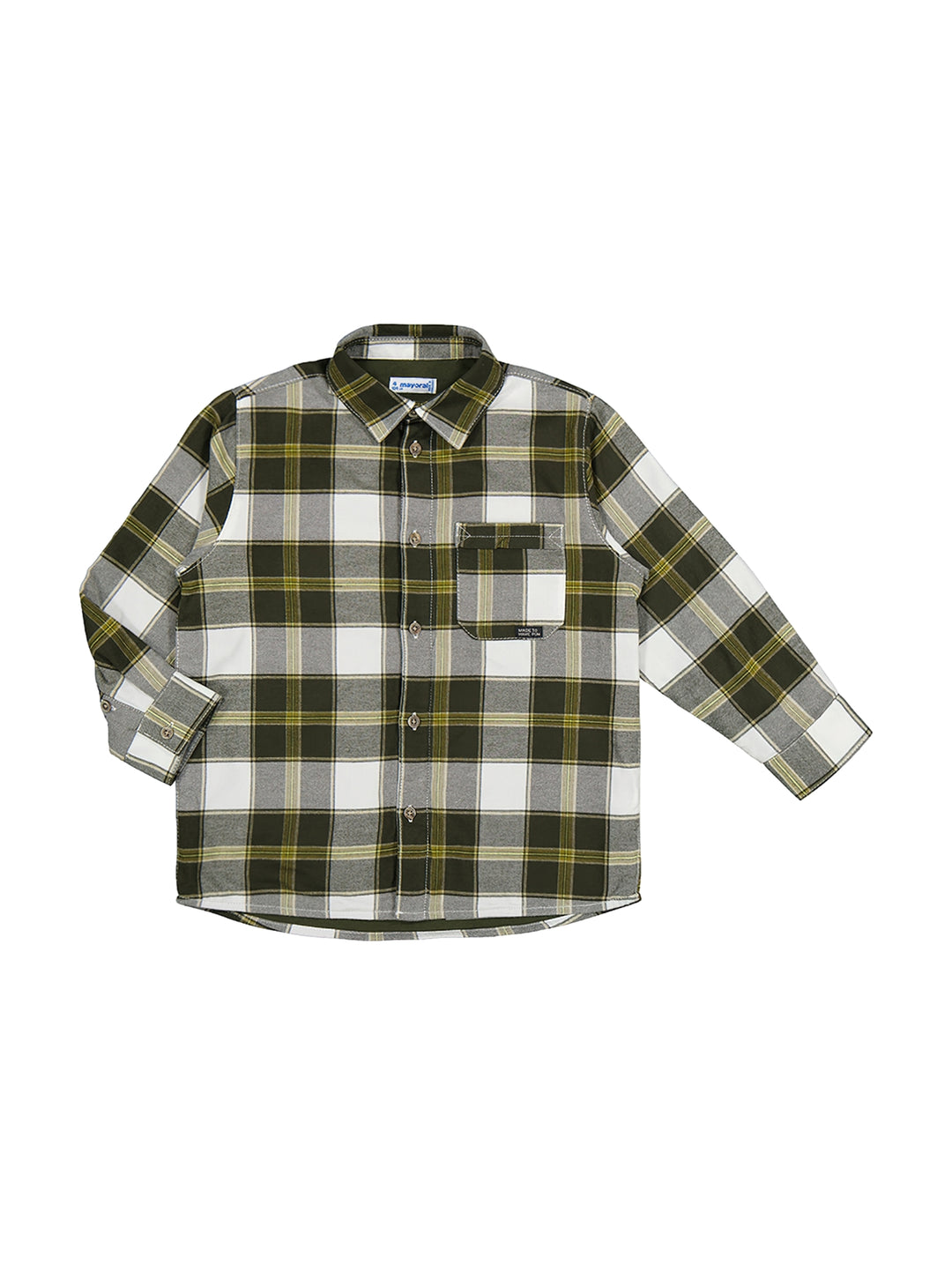 Sobrecamisa a cuadros verde musgo y blanco para niño con bolsillo frontal.