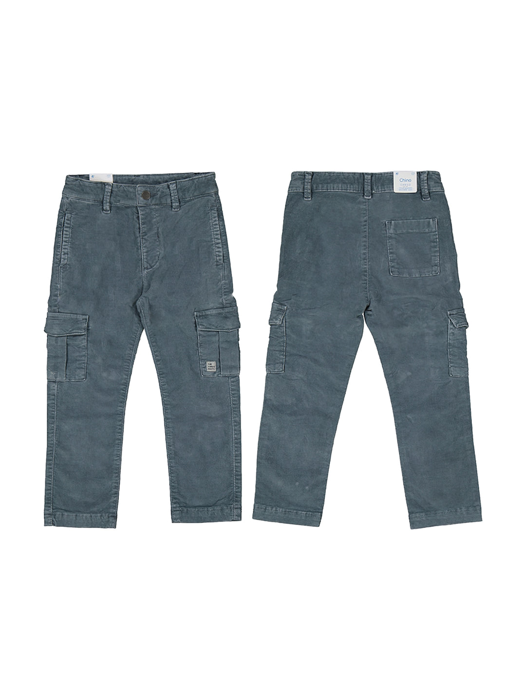 Pantalones de pana color gris azulado estilo cargo para niño, vista frontal y posterior.