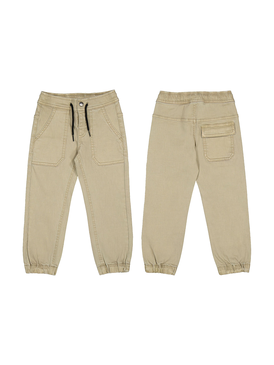 Pantalones estilo skater color beige para niño con cintura elástica y puños en los tobillos.