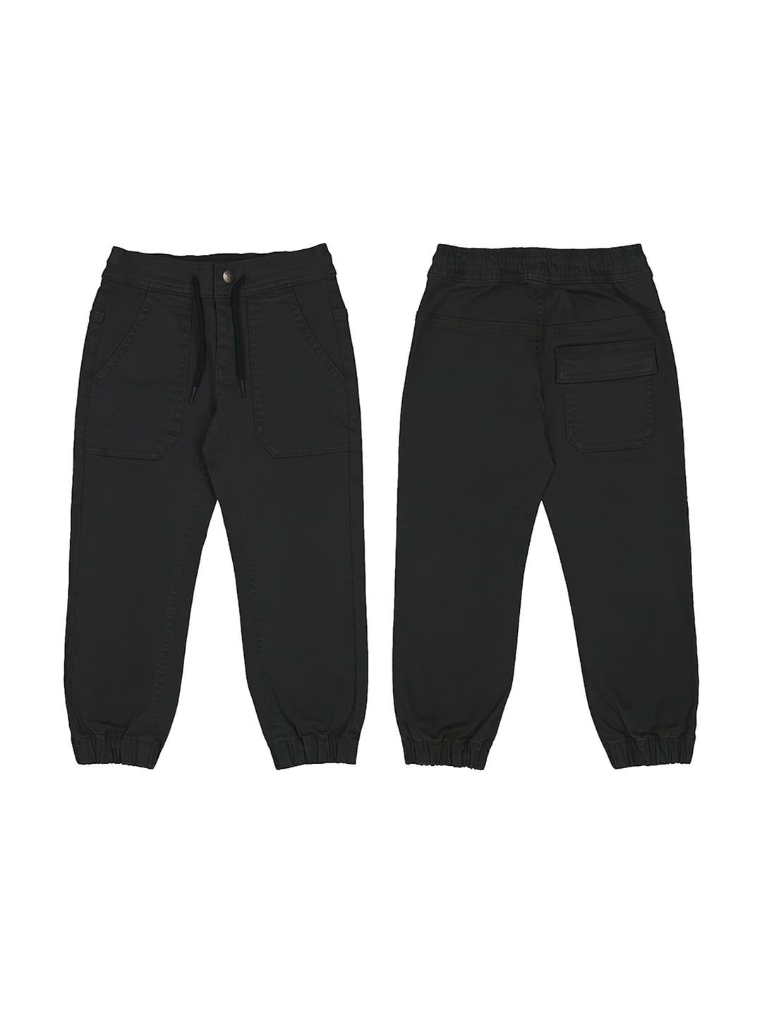 Vista frontal y posterior de pantalones skater color negro para niños de la marca Mayoral.