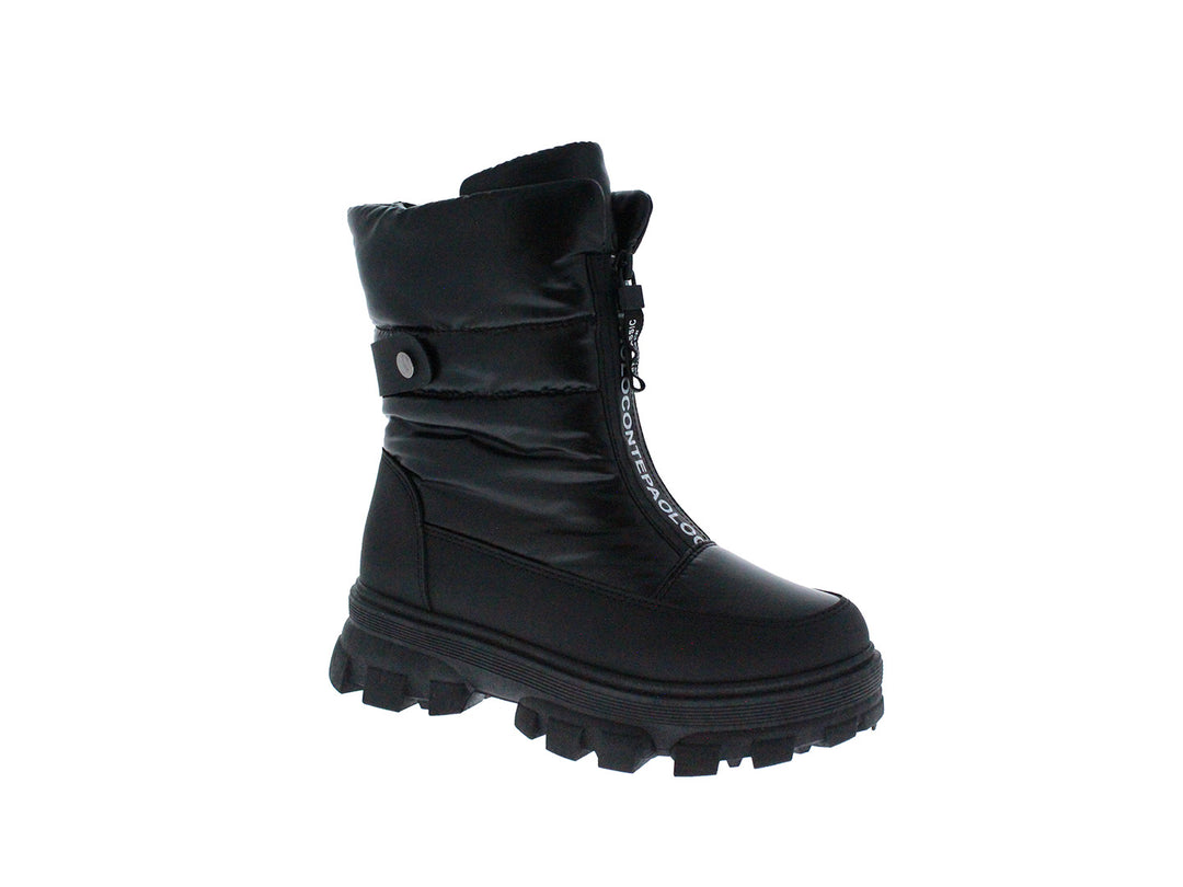 Bota negra acolchada de caña alta con suela track gruesa y correa con botón.