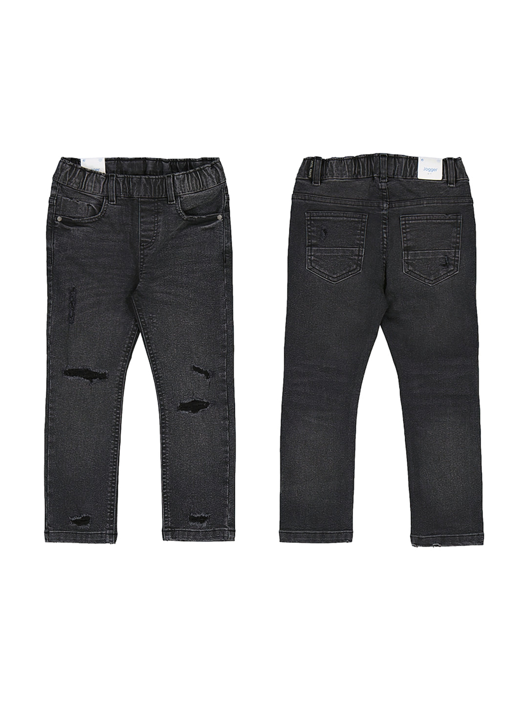 Pantalón denim jogger color gris oscuro con detalles rotos y cintura elástica para niño.