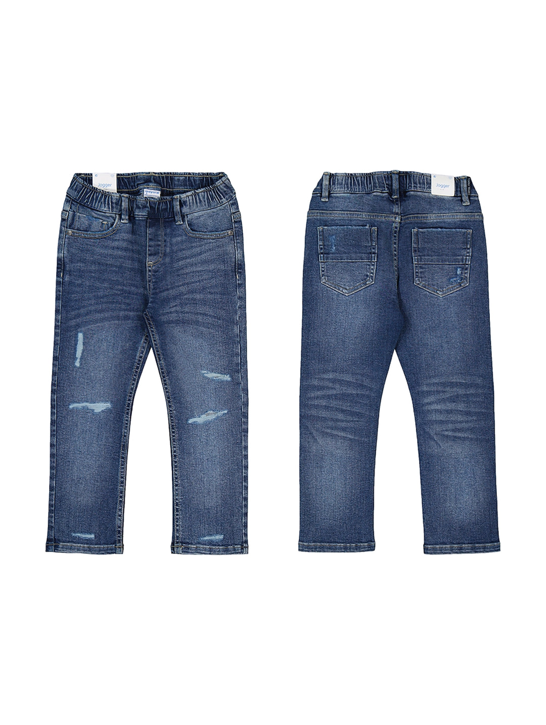 Pantalón jogger de mezclilla azul medio para niño con cintura elástica y detalles desgastados.
