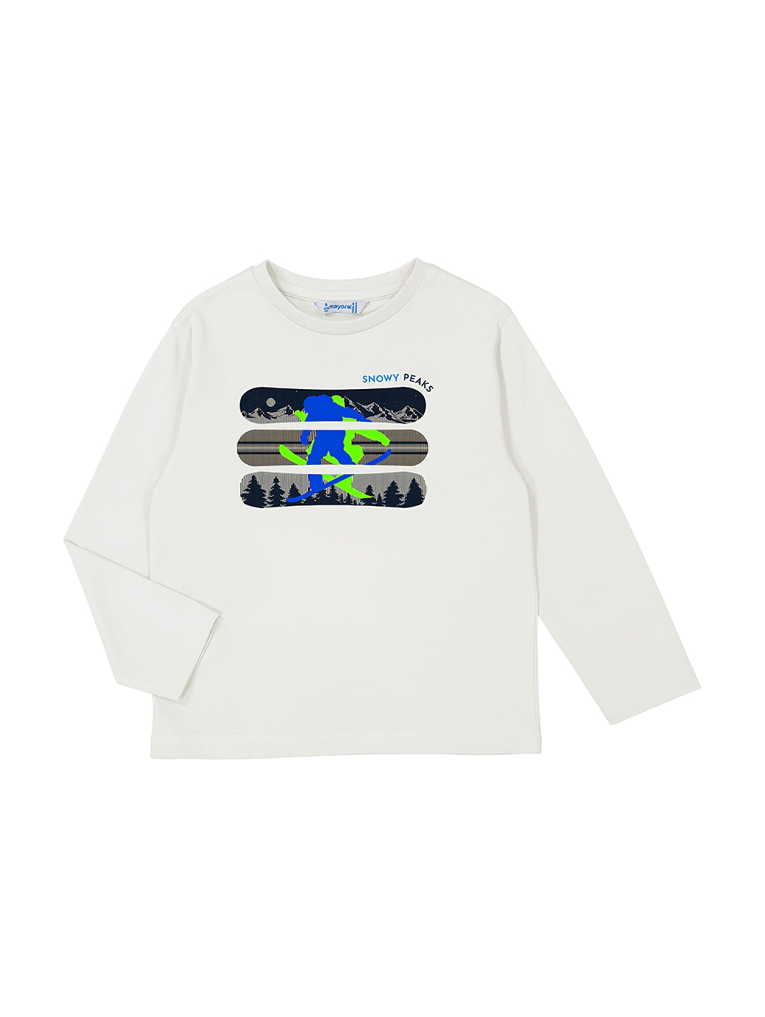Camiseta de manga larga color nata para niño con estampado gráfico lenticular en el pecho.