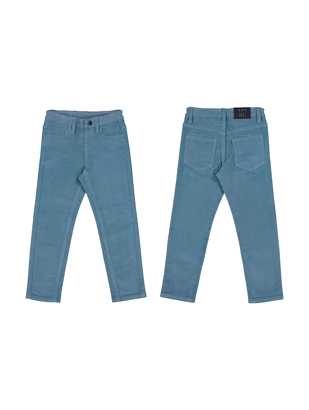Pantalón de pana slim fit color plomo para niño, vista frontal y posterior.