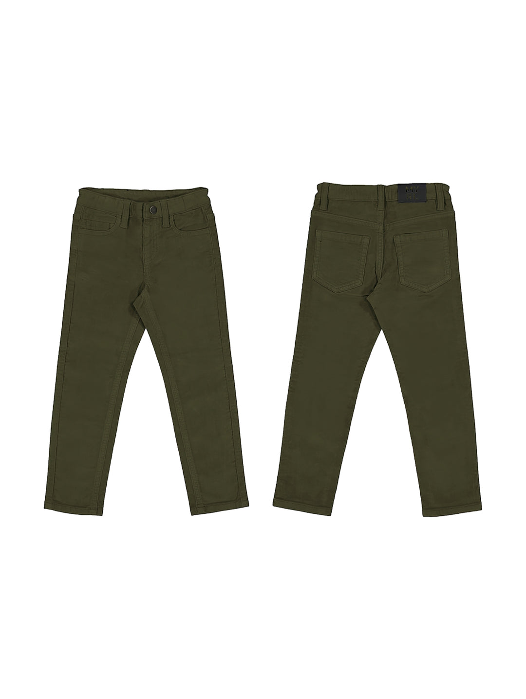 Pantalón de pana color verde musgo slim fit para niño, vistas frontal y trasera.