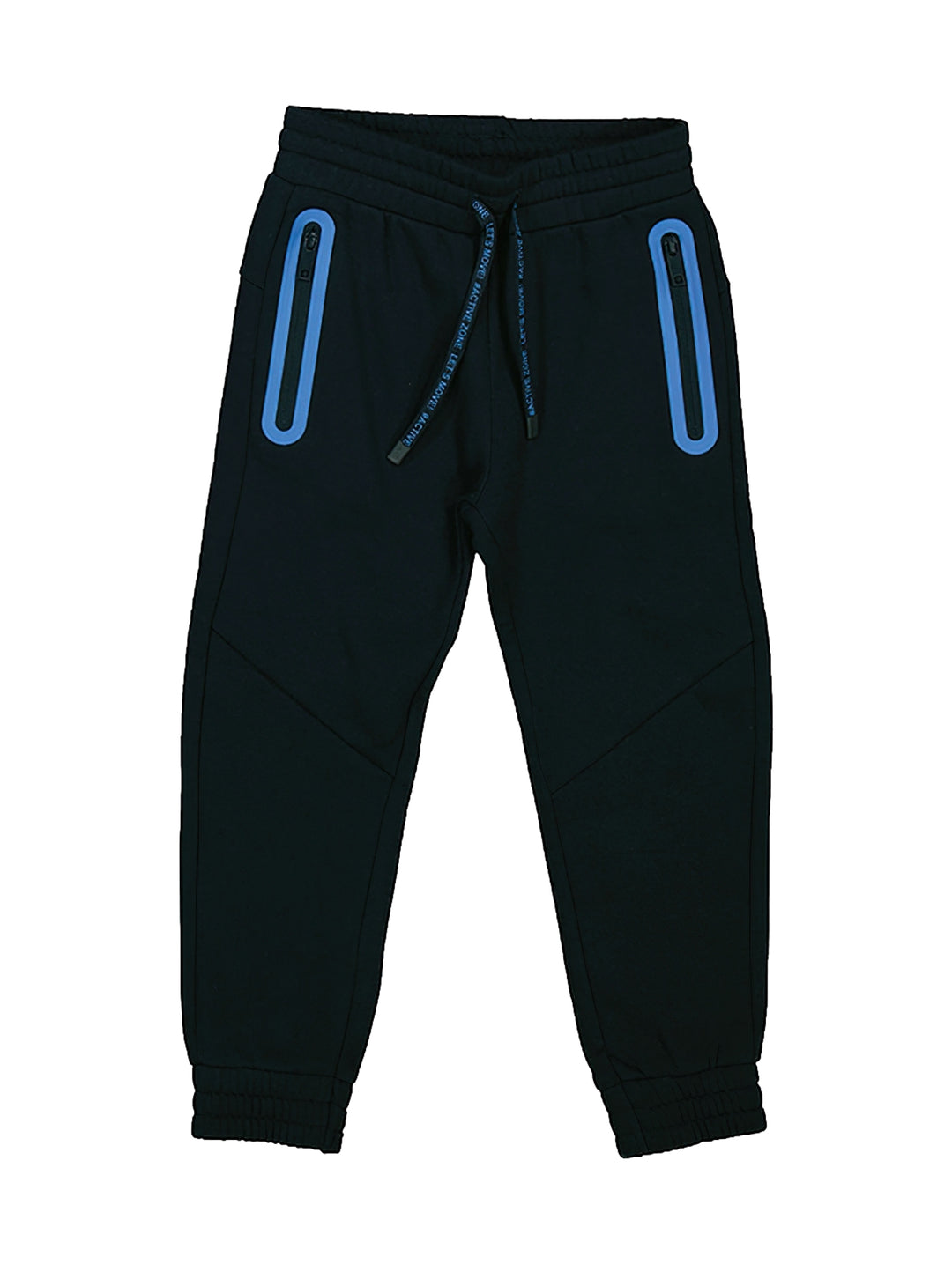 Pantalón deportivo infantil color azul marino con detalles de cierres en azul brillante y cintura elástica.