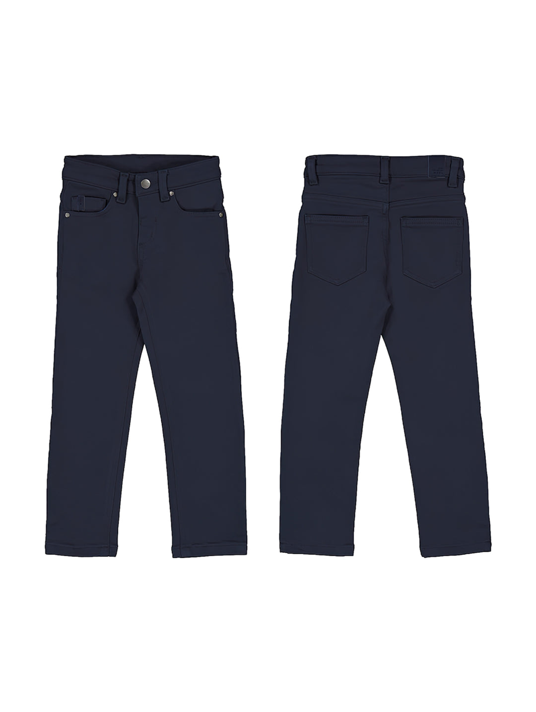 Vista frontal y posterior de un pantalón soft slim fit color azul marino para niño.