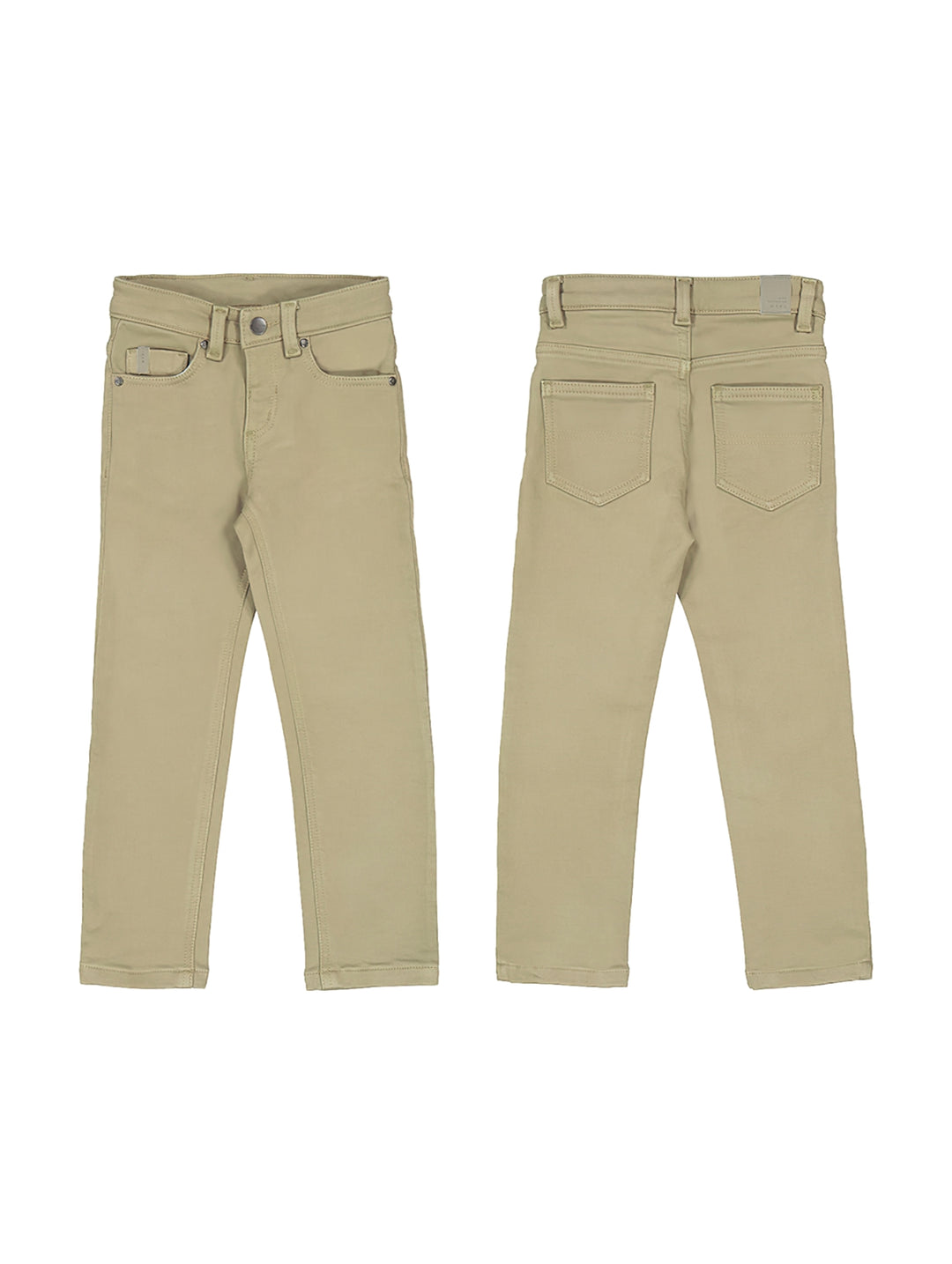 Vista frontal y trasera de un pantalón soft slim fit color beige para niño de la marca Mayoral.