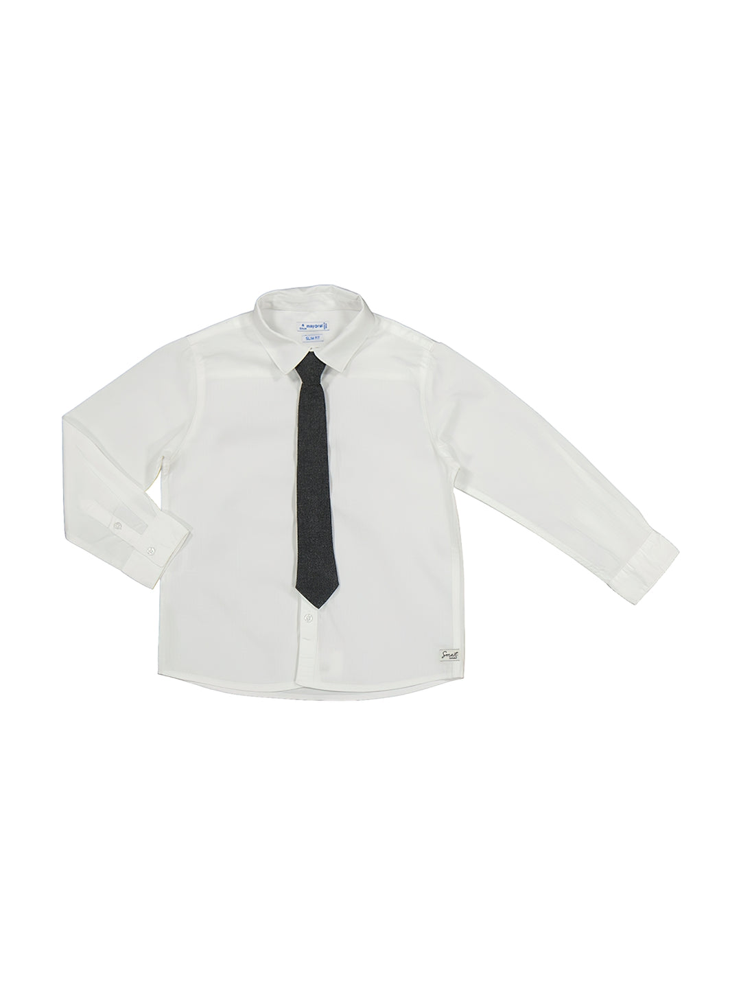 Camisa blanca de manga larga para niño con corbata gris integrada, estilo formal.