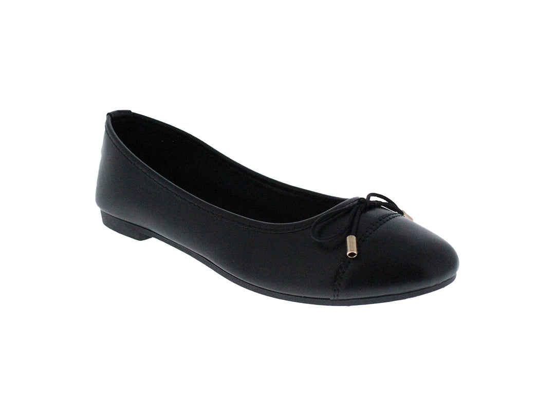 Zapatos planos tipo baletas color negro para mujer con un pequeño detalle de lazo dorado en la punta.