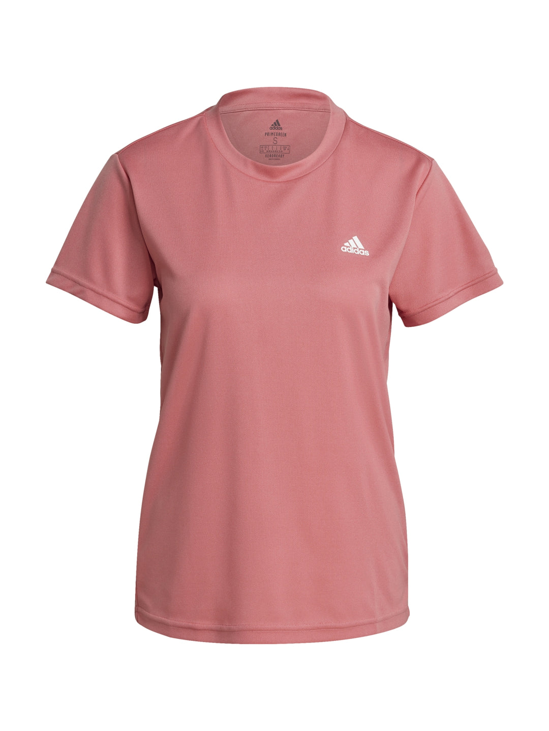 Mujer vistiendo playera deportiva Adidas color rosa con logo blanco en el pecho.