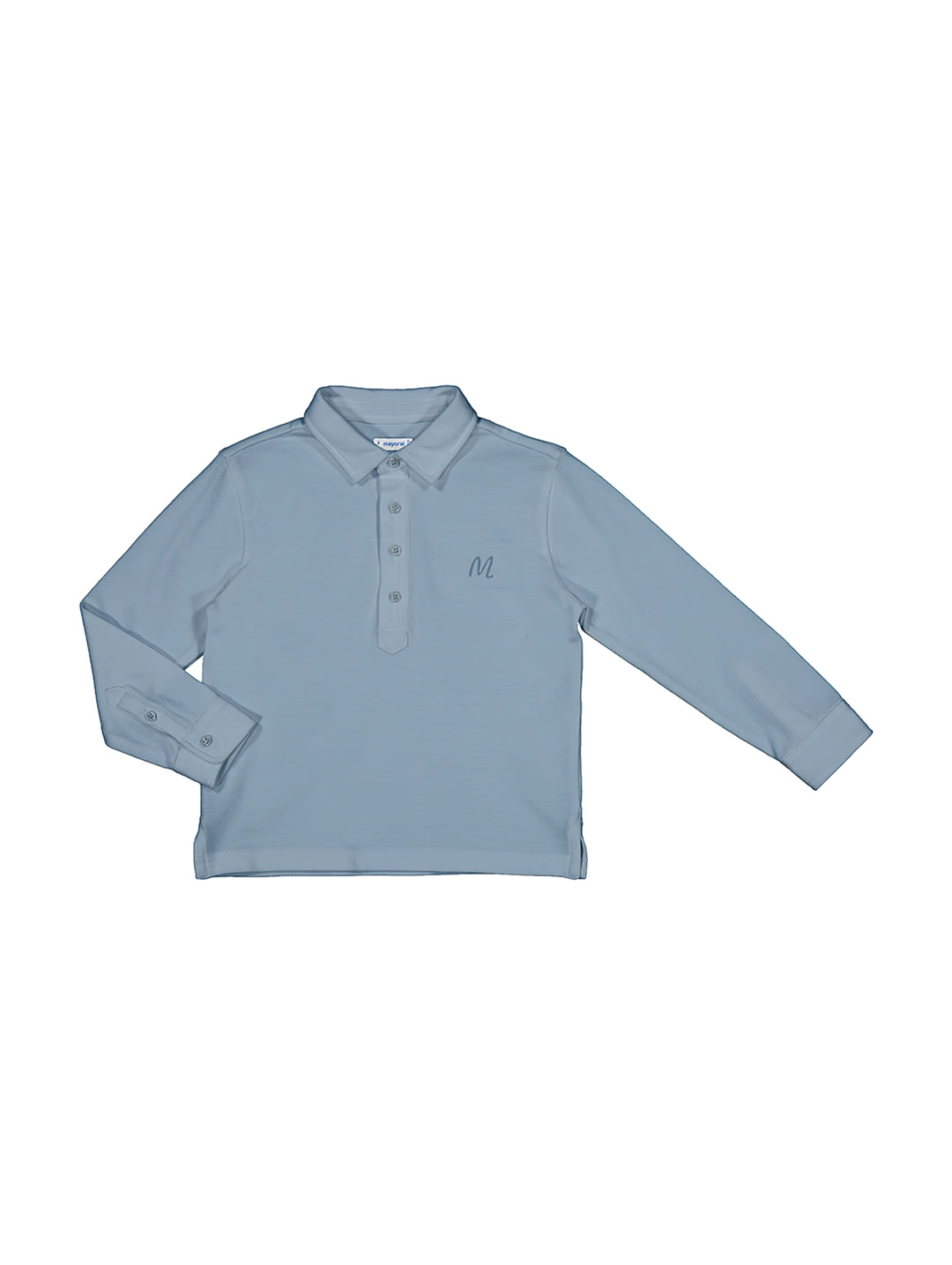 Polo de manga larga color azul glaciar para niños con cuello y botones frontales.