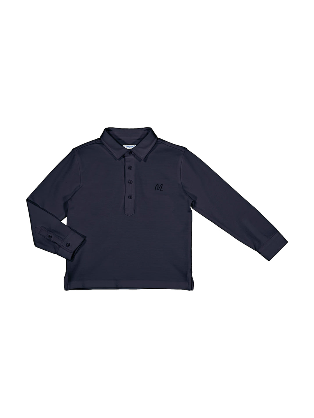 Polo de manga larga color azul marino para niño con cuello y botones.