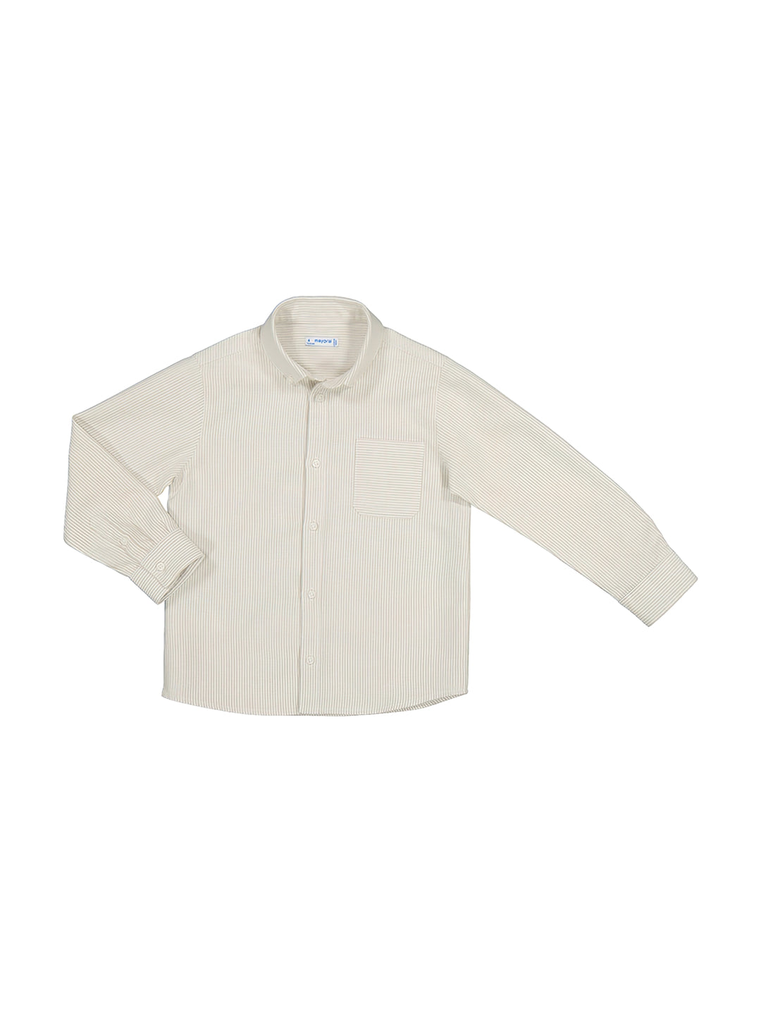 Camisa Oxford de manga larga color blanco con rayas finas y bolsillo frontal para niño.