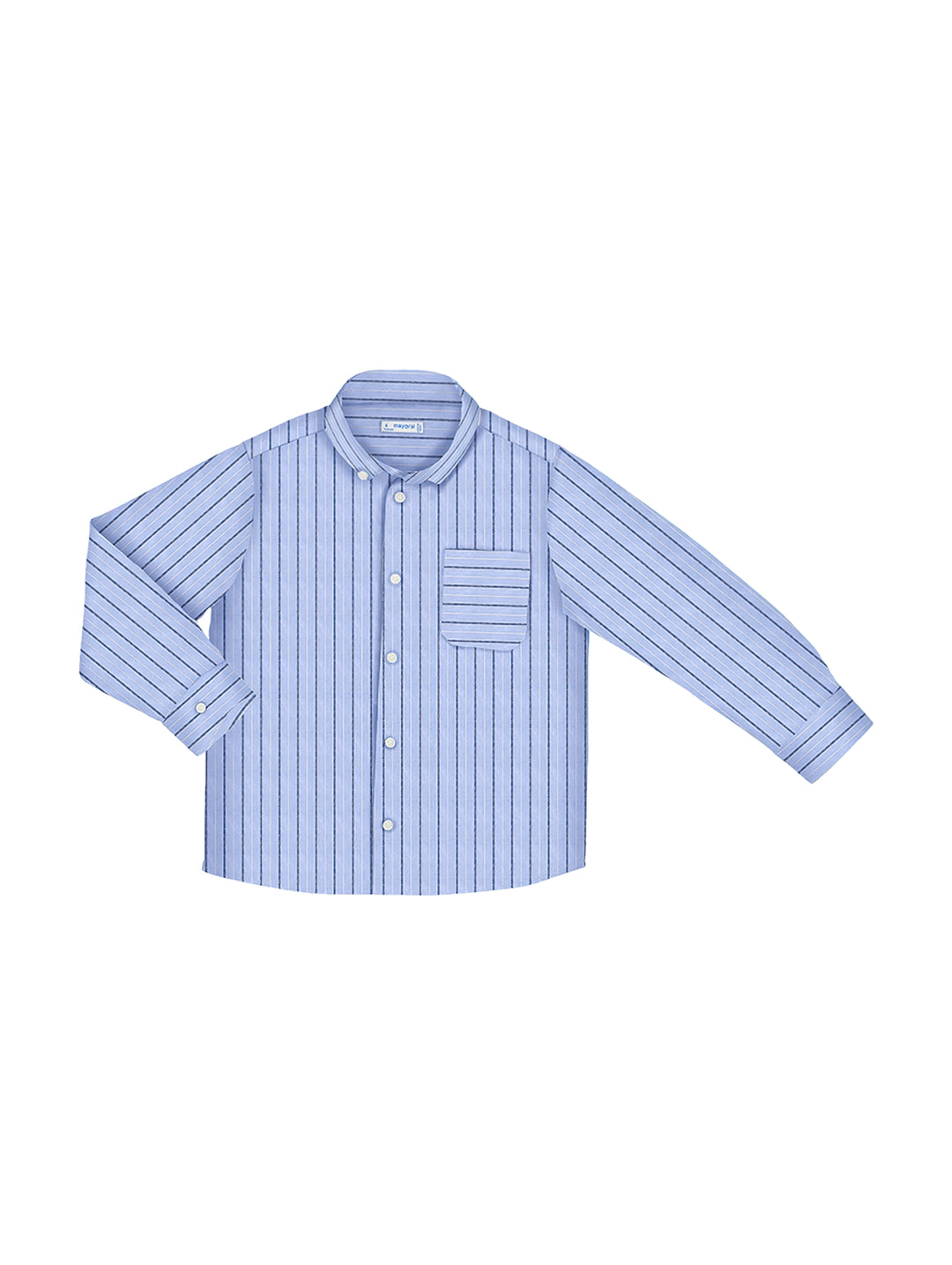 Camisa de manga larga color celeste con rayas verticales y bolsillo frontal para Niño.