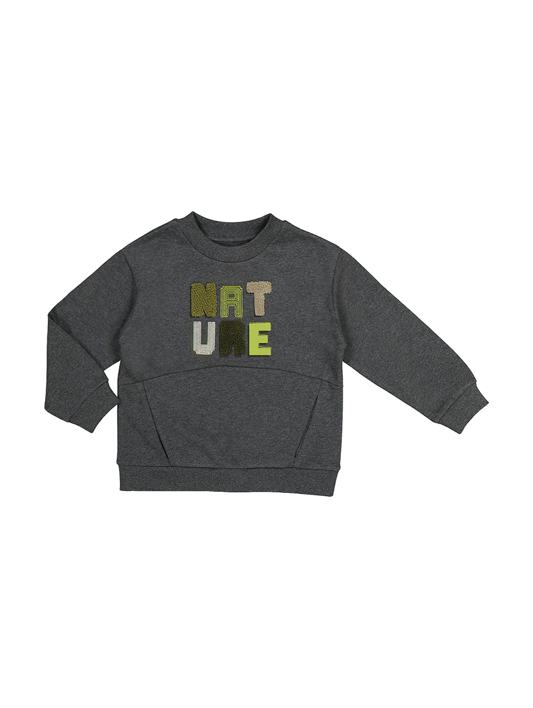 Sudadera gris de manga larga para niño con la palabra NATURE en colores verdes y amarillos en el pecho.