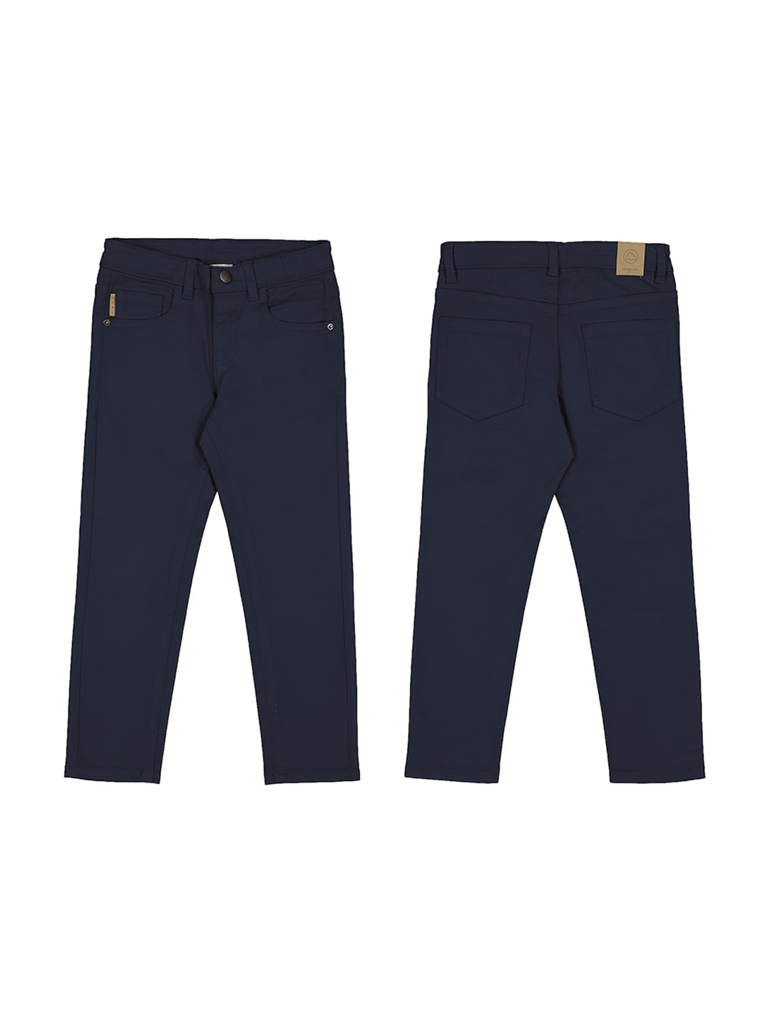 Vista frontal y posterior de pantalones slim fit básicos en color azul marino para niño.