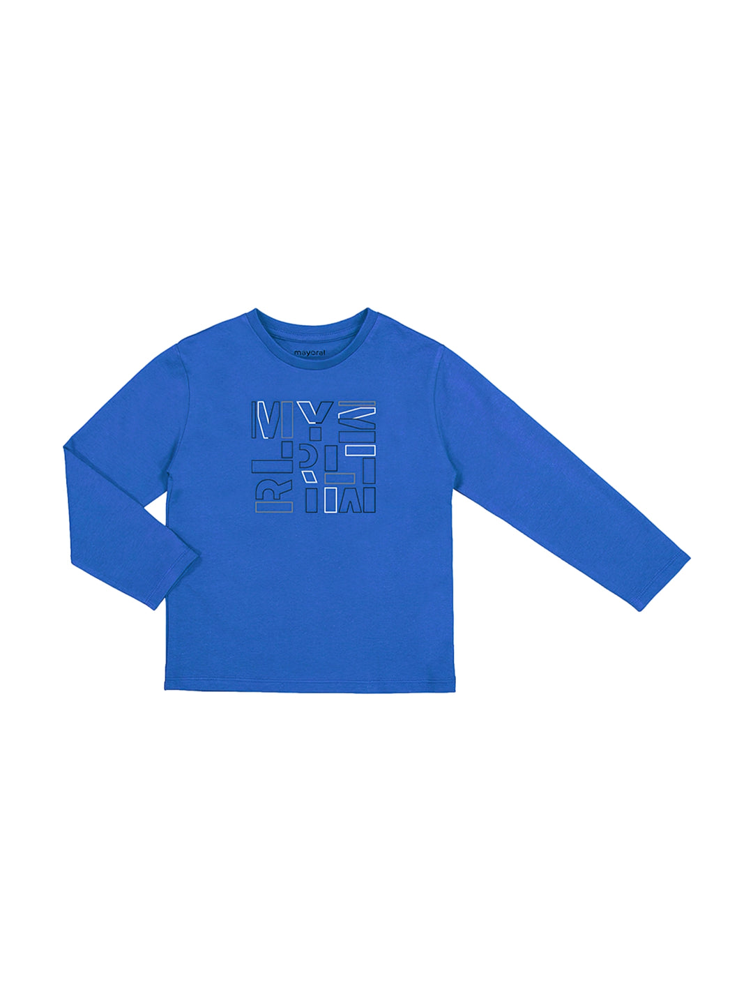 Camisa básica de manga larga color cerúleo para niños con diseño gráfico en el pecho.