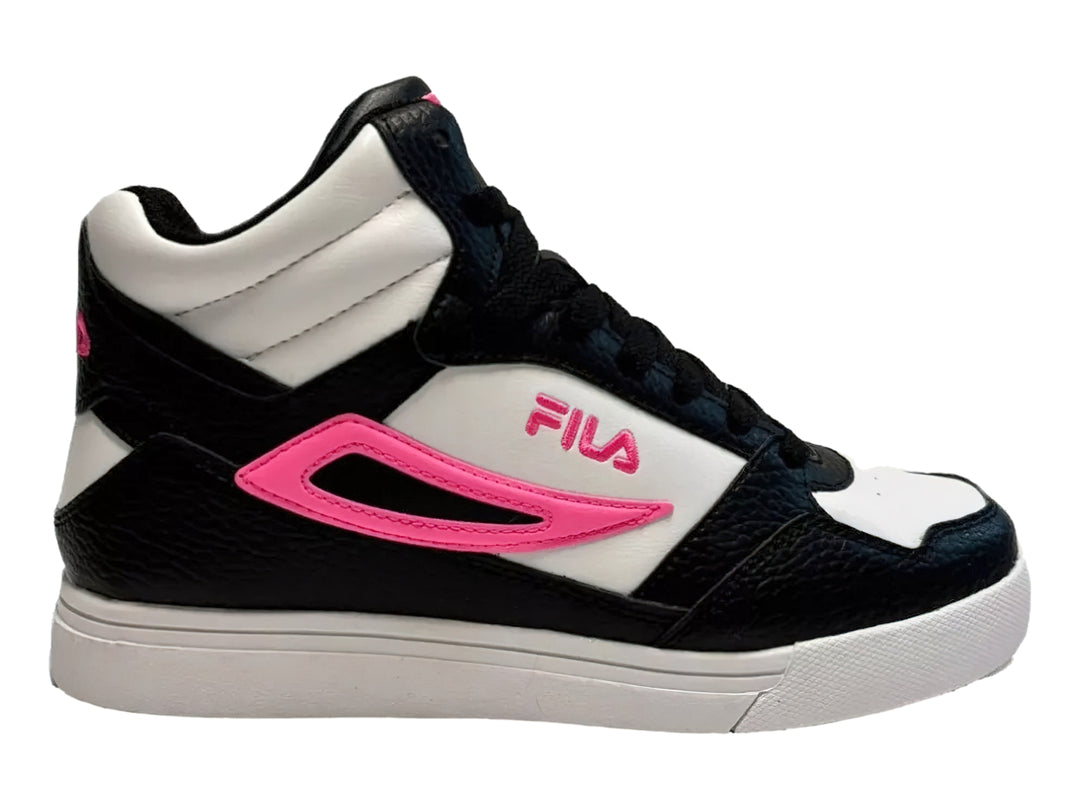 Tenis FILA de corte alto en colores blanco, negro y rosa.