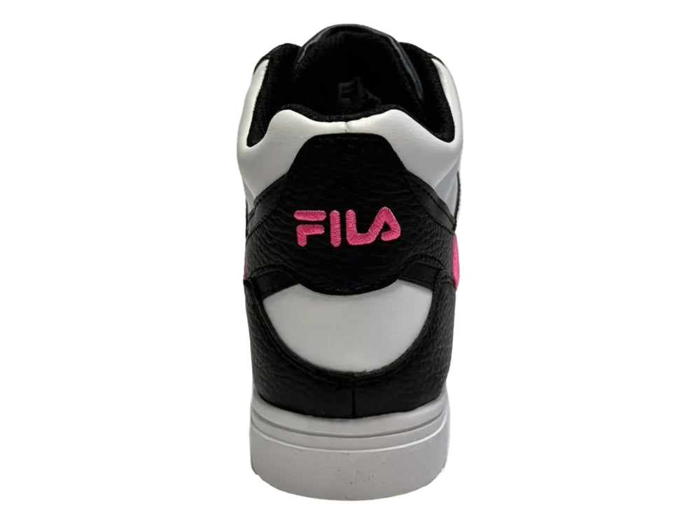 Tenis FILA de corte alto en colores blanco, negro y rosa.