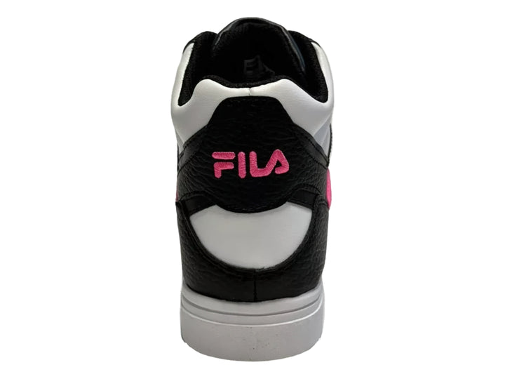 Tenis FILA de corte alto en colores blanco, negro y rosa.