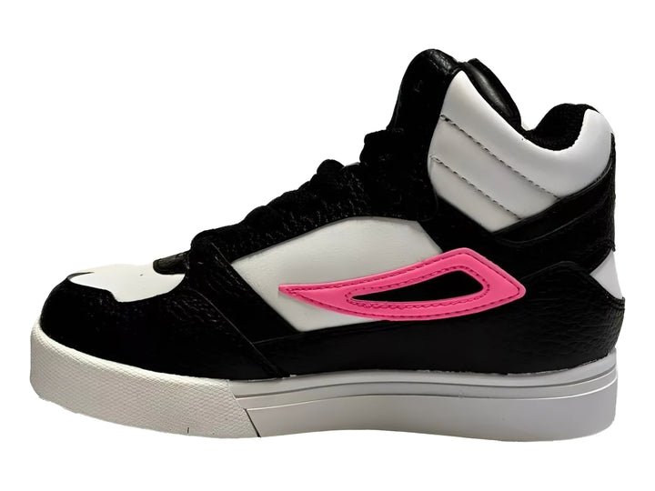 Tenis FILA de corte alto en colores blanco, negro y rosa.