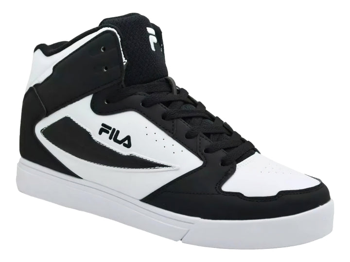 Tenis FILA de corte alto en colores blanco y negro.