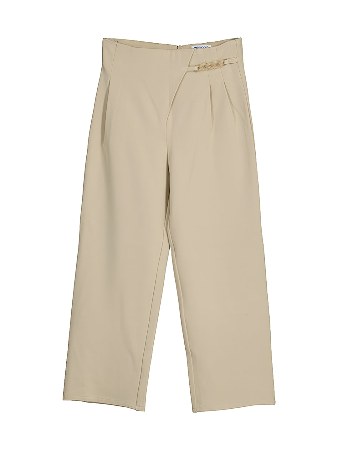Pantalón color sepia para niña con detalle de cadena dorada en la cintura y corte ancho.