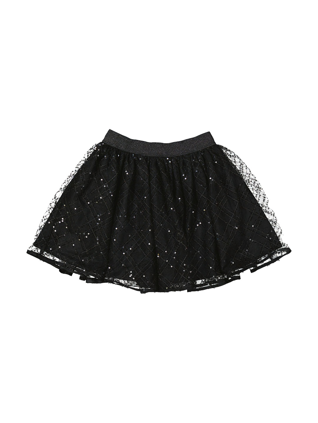 Falda negra de tul para niña con detalles brillantes y cintura elástica.