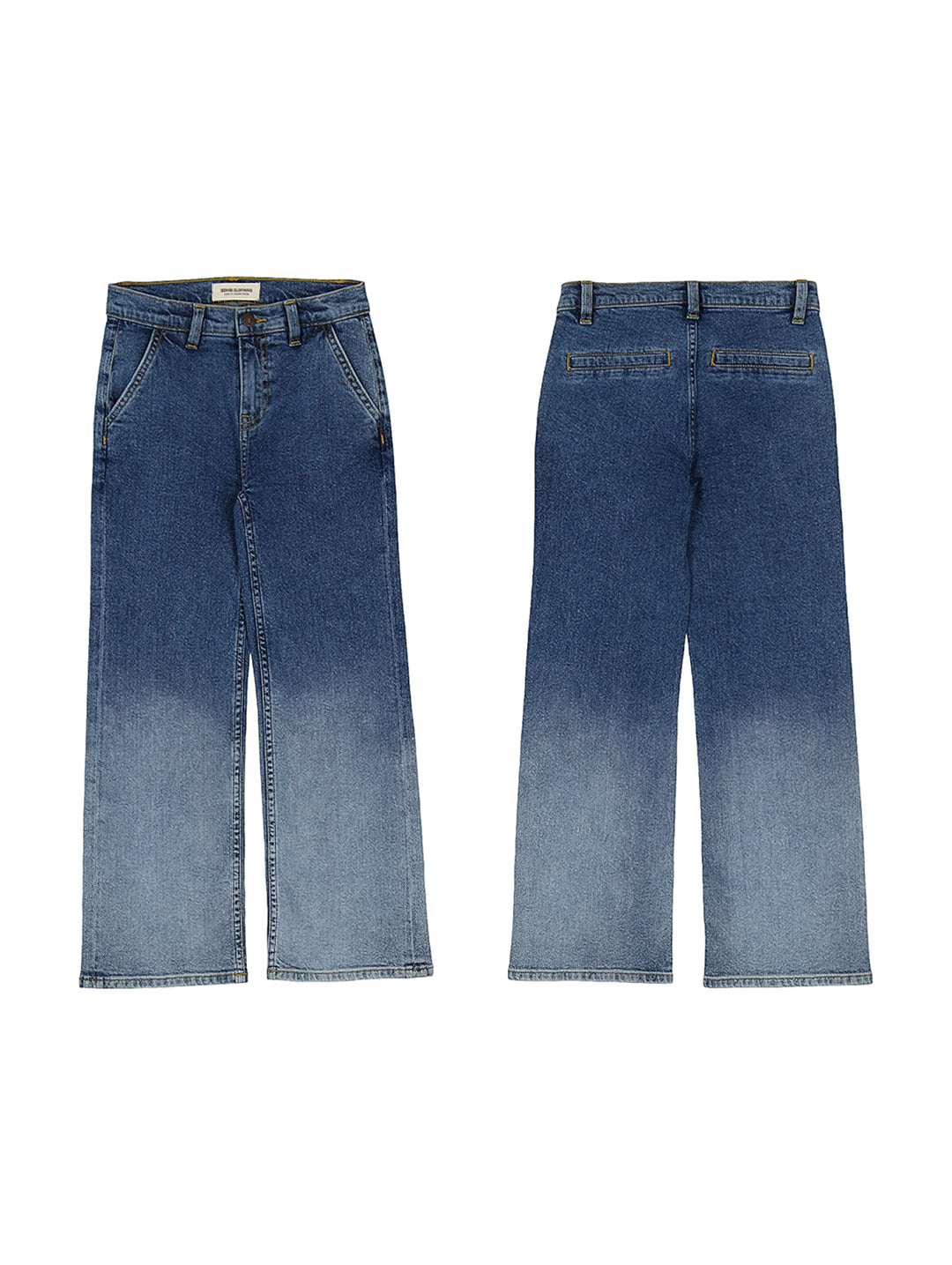 Pantalones de mezclilla azul deslavado con corte de pierna ancha, vista frontal y trasera.