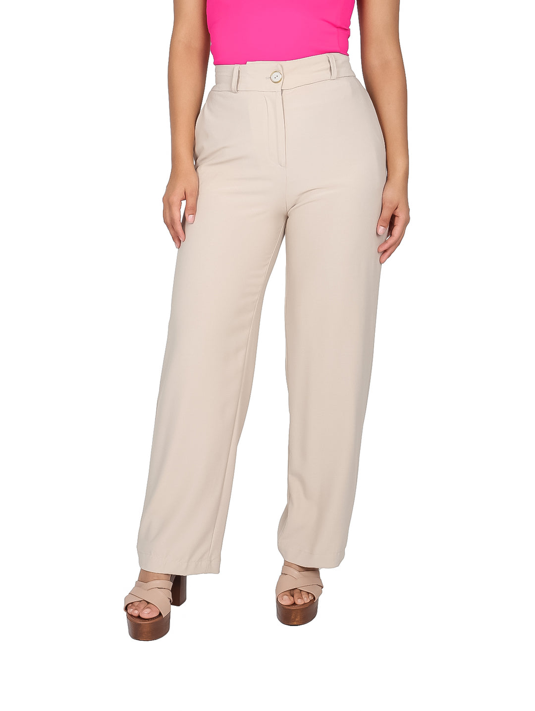 Pantalones de lino color beige para mujer con corte de pierna ancha y talle alto.