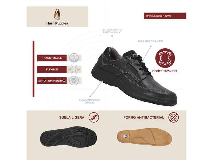 Zapato casual Hush Puppies color negro con cordones y suela negra.