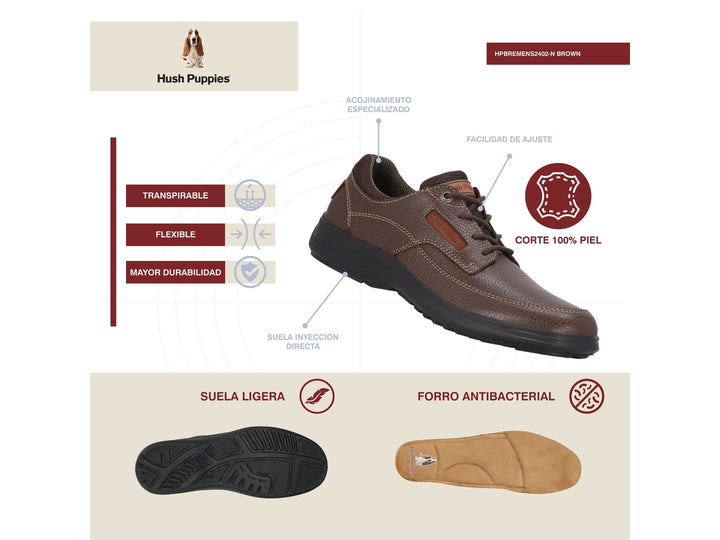 Zapato casual Hush Puppies de cuero marrón con suela negra y cordones.