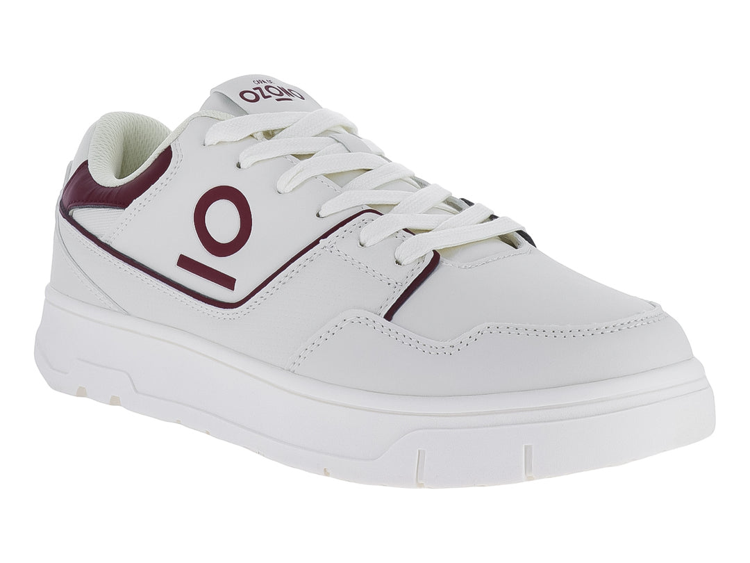 Tenis casuales blancos con detalles en color vino y suela blanca ancha de la marca Capa de Ozono.