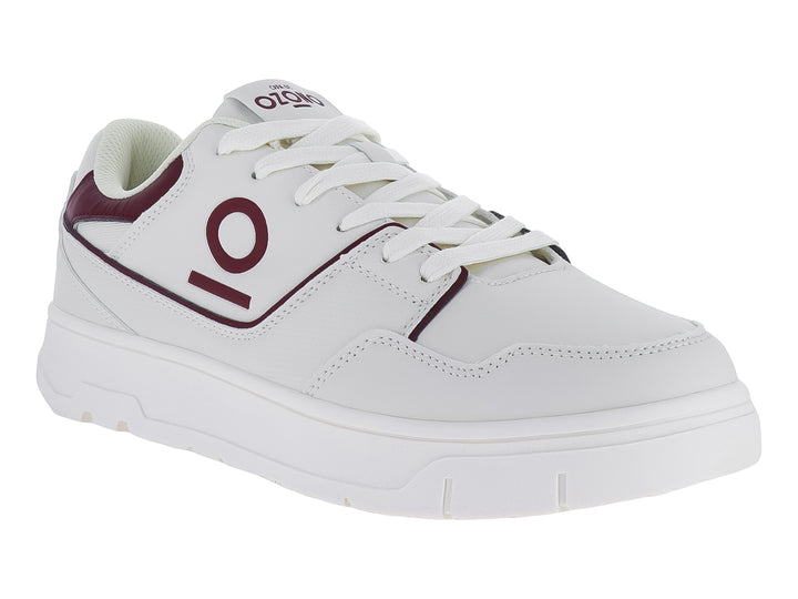 Tenis casuales blancos con detalles en color vino y suela blanca ancha de la marca Capa de Ozono.