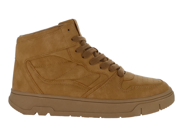 Tenis tipo bota en color ocre con acabado mate y suela gruesa.
