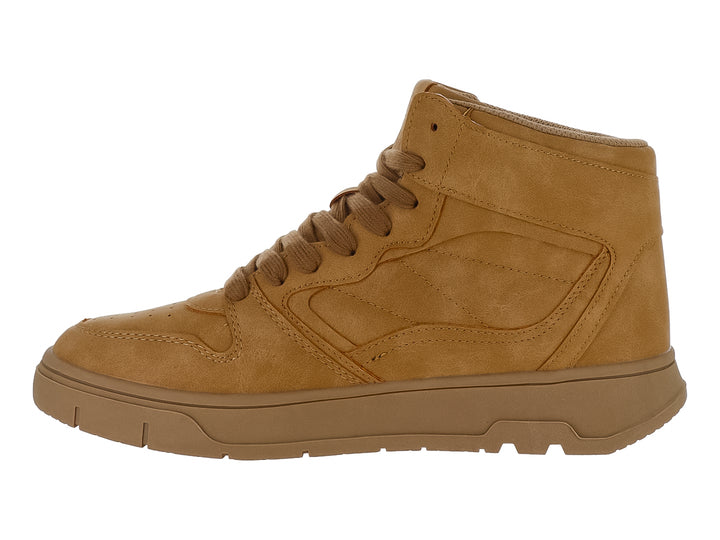 Tenis tipo bota en color ocre con acabado mate y suela gruesa.