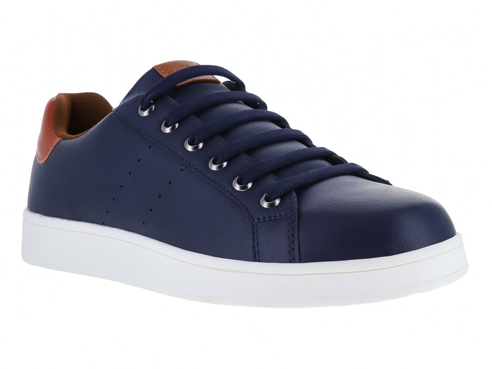 Tenis casuales color azul navy con suela blanca y detalle café en el talón.