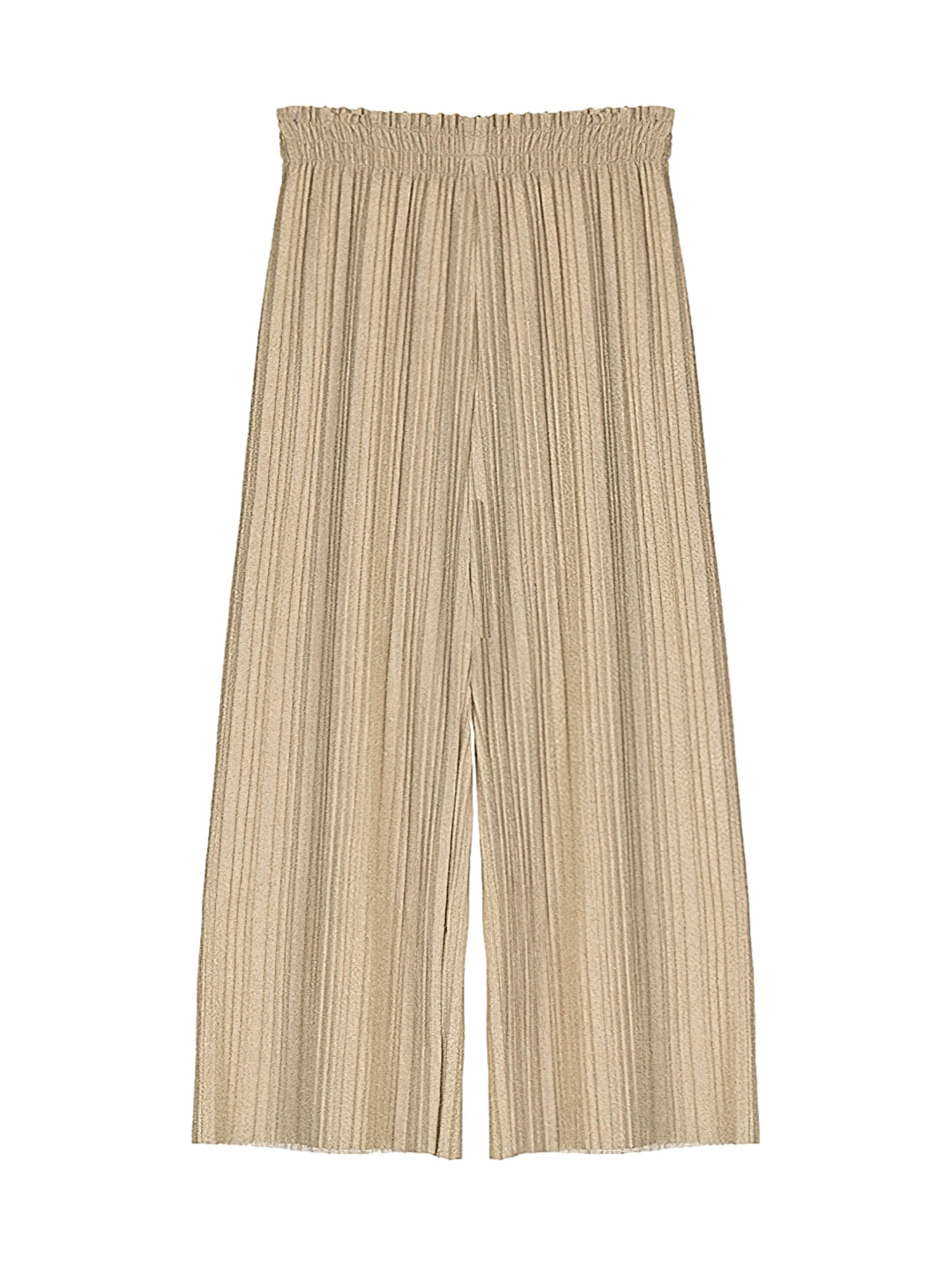 Pantalón plisado color champagne para niños con cintura elástica y corte ancho.