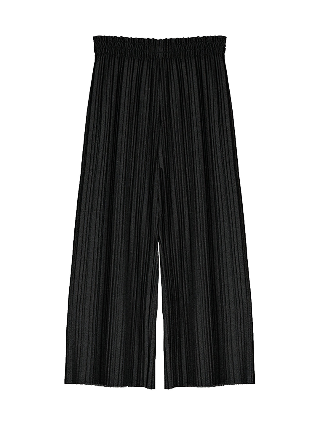 Pantalón plisado color negro para niña con cintura elástica y corte ancho.