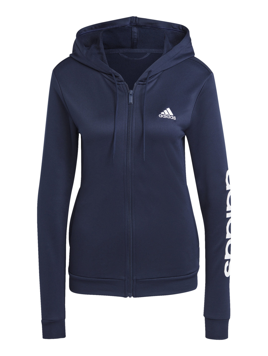 Mujer vistiendo un conjunto deportivo Adidas de color azul marino compuesto por chaqueta y pantalón.
