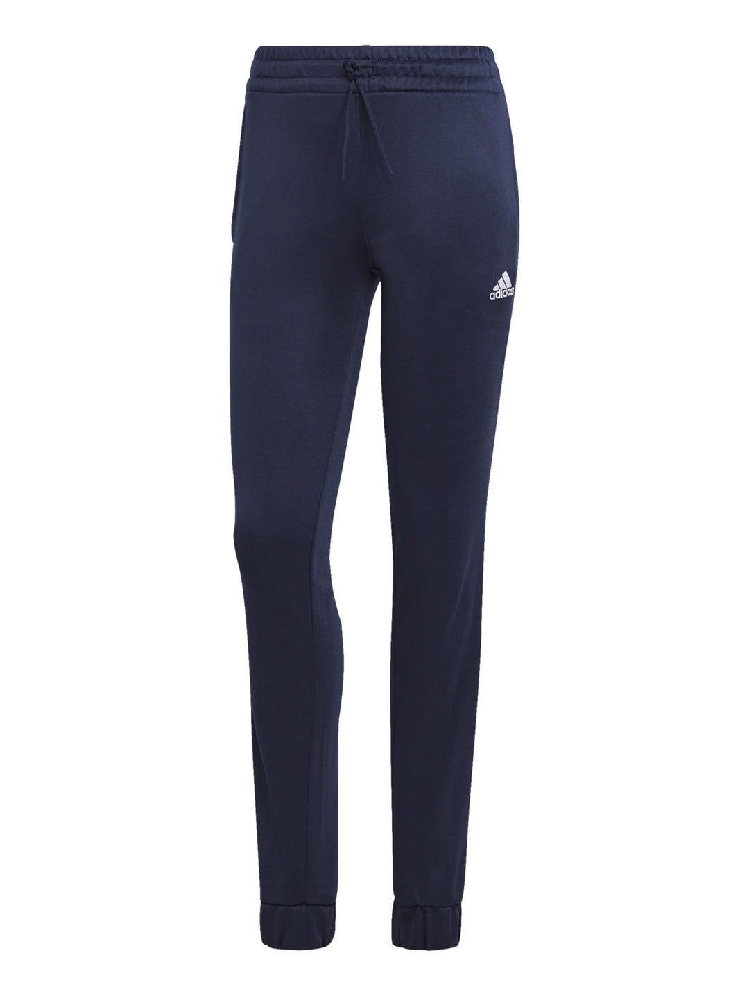Mujer vistiendo un conjunto deportivo Adidas de color azul marino compuesto por chaqueta y pantalón.